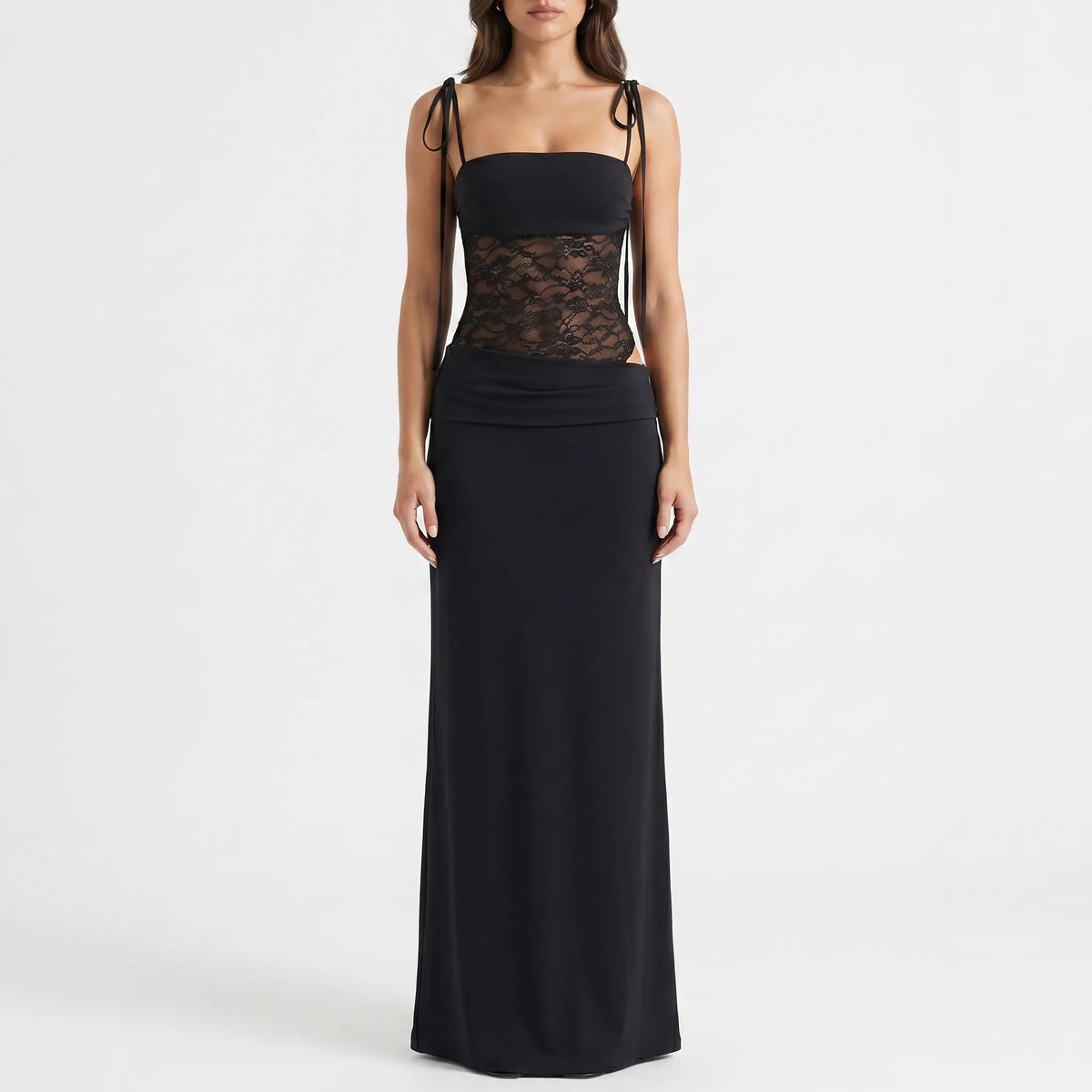 Elvira | Figurbetontes Maxikleid Mit Spitzeneinsatz