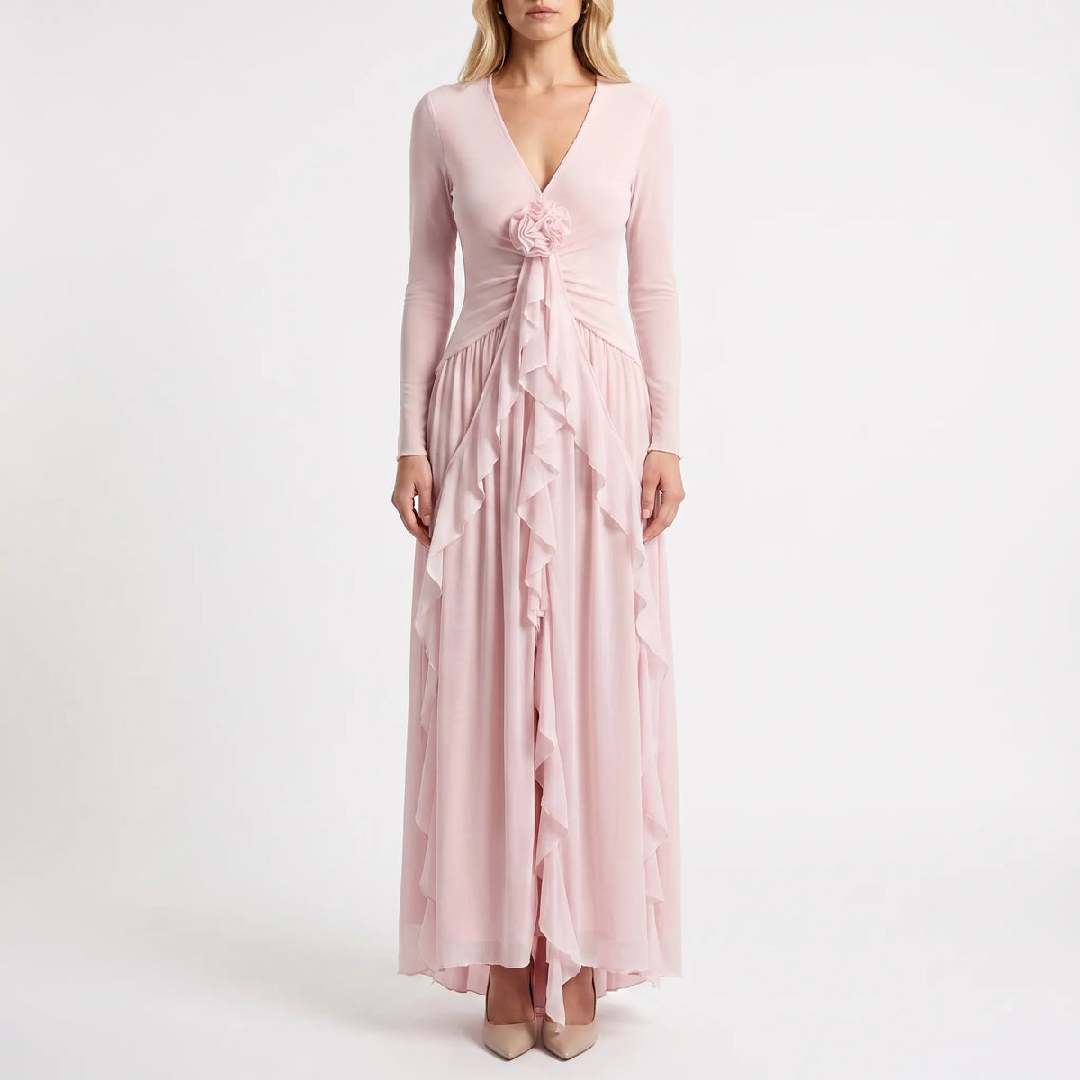 Kimberly | Langärmliges A-Linien-Maxikleid Mit Rüschen