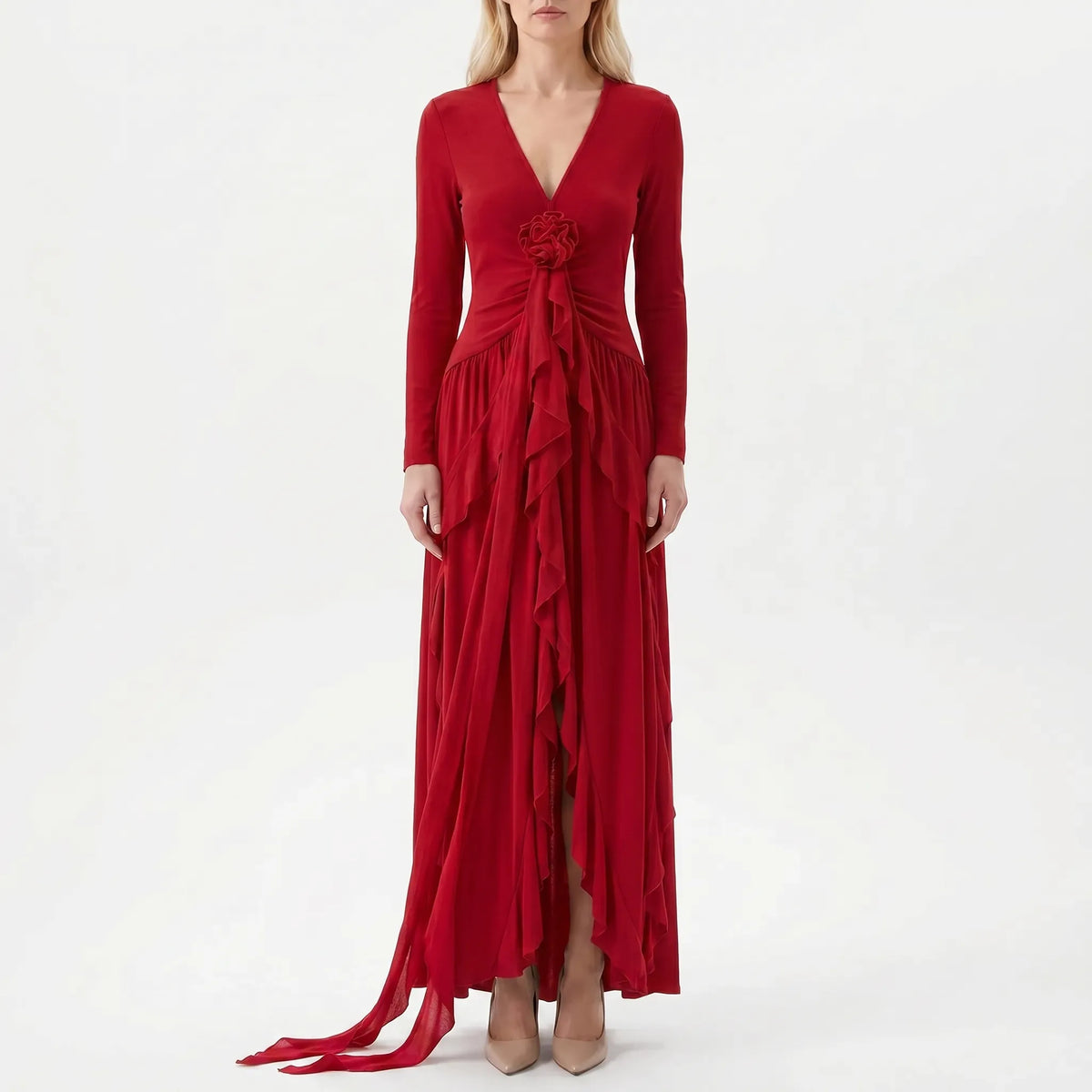 Kimberly | Langärmliges A-Linien-Maxikleid Mit Rüschen