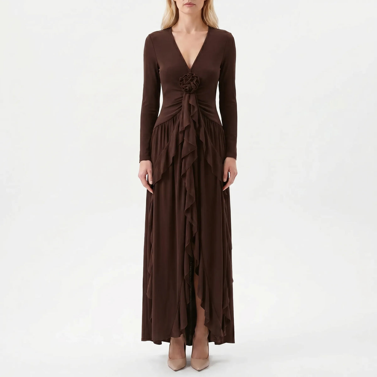 Kimberly | Langärmliges A-Linien-Maxikleid Mit Rüschen